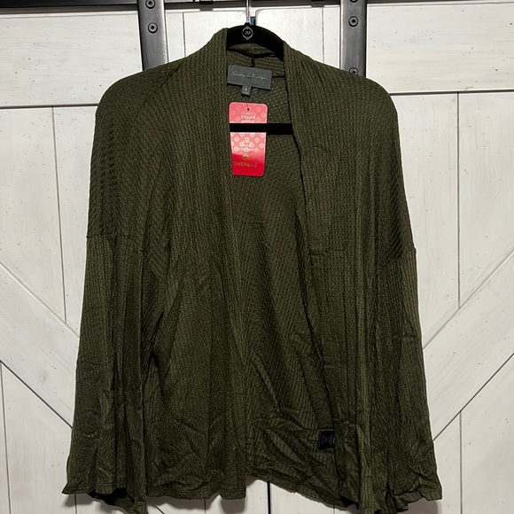 Olive green ever eve waffle knit open front cardigan - Picture 2 of 7